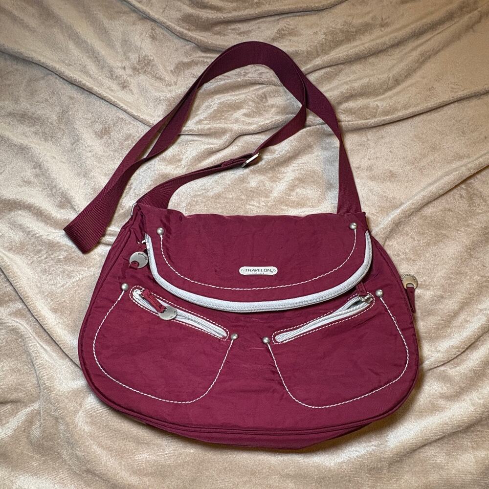Travelon Anti Theft Classic Crossbody Bag Purse Burgundy Nylon Safety